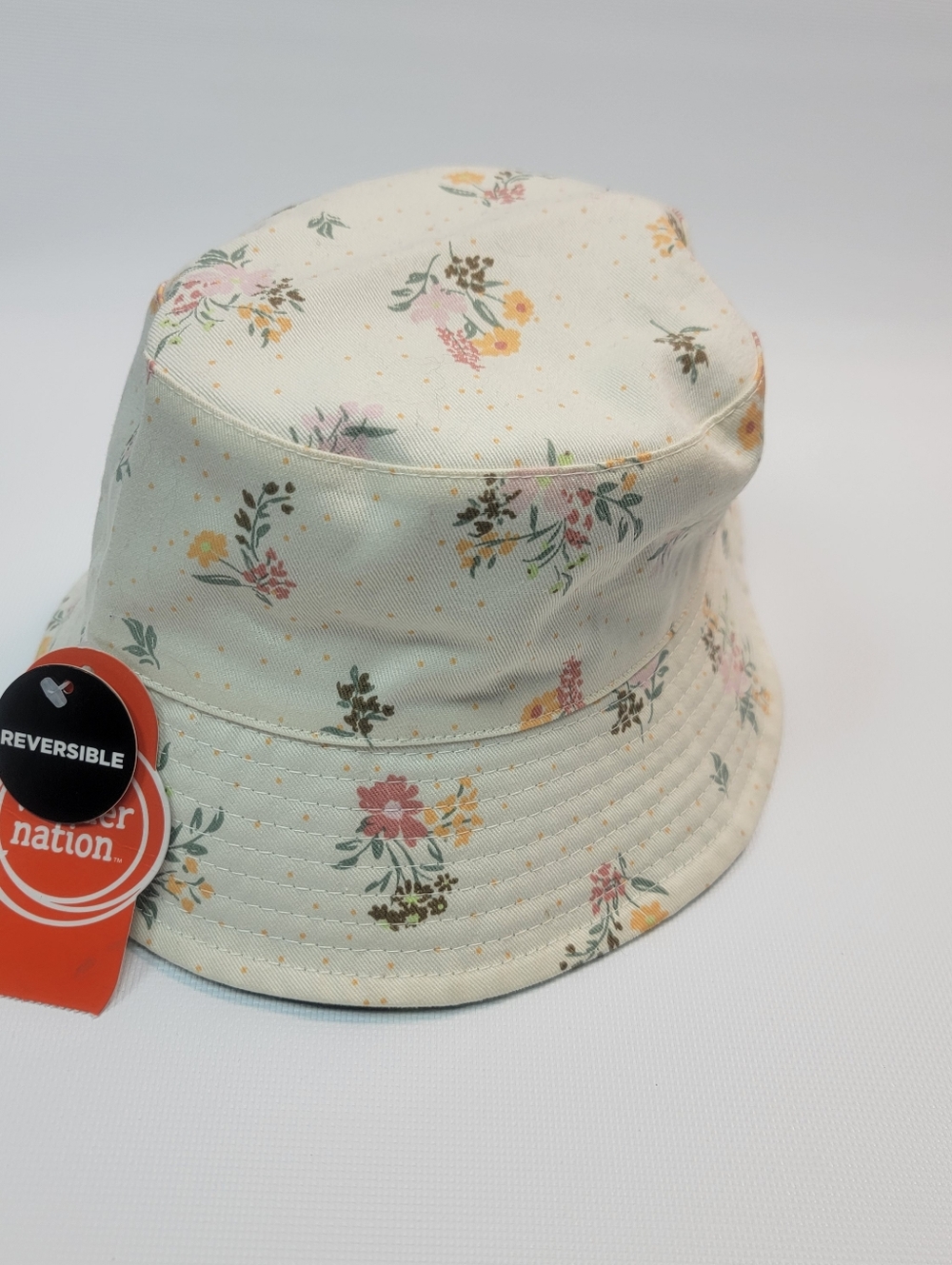 Wonder Nation Reversible Bucket Hat Fashion Flat Top Floral Cream Green Sz XS/S